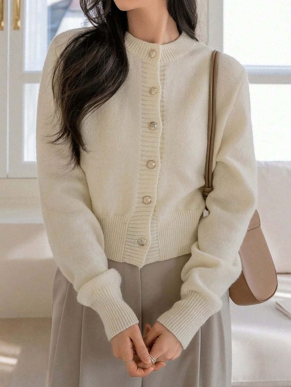 Áo Cardigan Len Kem Nút Kim Loại Hàn Quốc