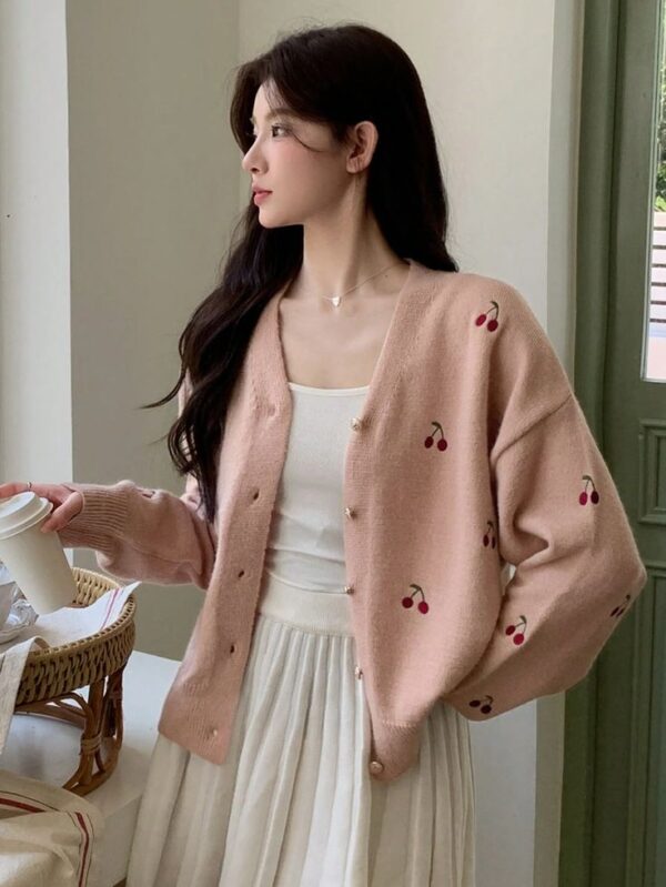 Áo Khoác Cardigan Len Nữ Họa Tiết Cherry Hàn Quốc