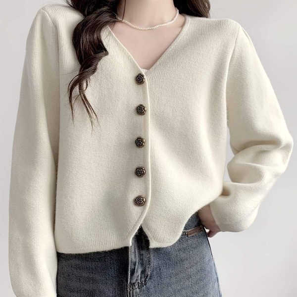Áo Cardigan Len Nữ Nút Hoa Thanh Lịch