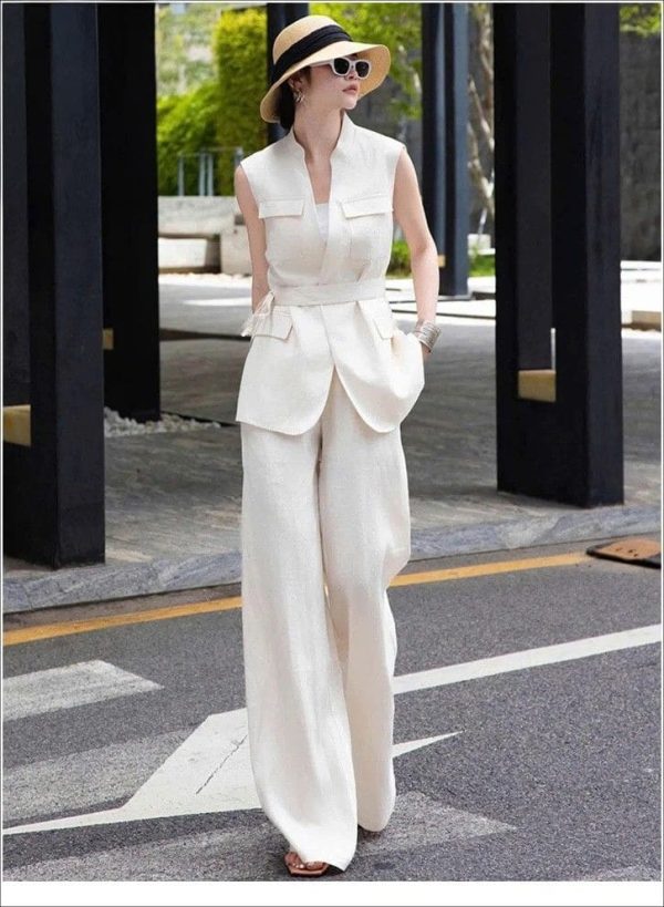 Set Áo Gile Cổ V Phối Quần Ống Rộng