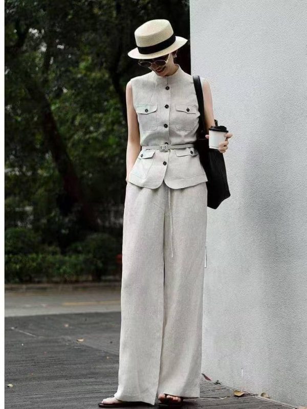 Set Áo Gile Linen Phối Quần Ống Suông