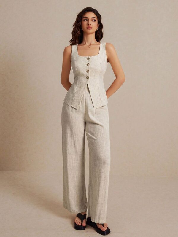 Set Ivory Grace – Gile Linen Cổ Vuông & Quần Suông Thanh Lịch